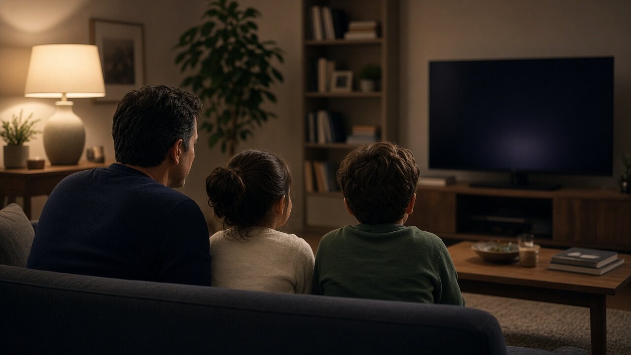 A parent and two children on the sofa choosing a film night together