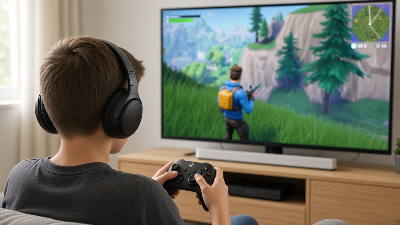 Boy in headphones with a controller, TV showing a colourful game in a living room