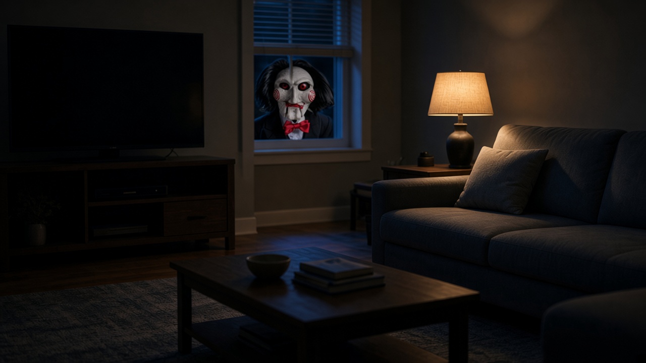 Quiet living room after a film, lamp on and TV dark, suggesting dread that lingers
