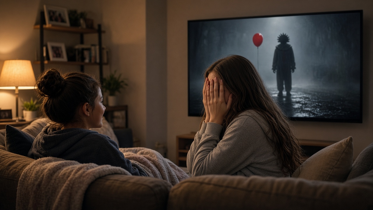 Two sisters facing the TV: a younger girl smiles through a horror film while her older sister covers her face in fear