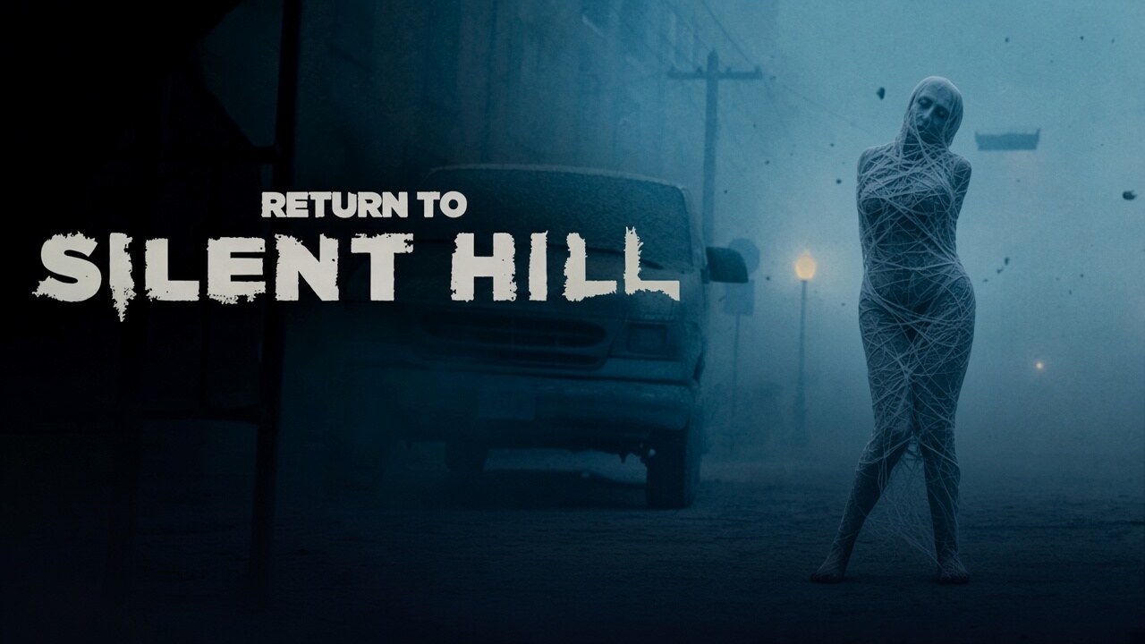Foggy Silent Hill street with a mesh-wrapped figure; Return to Silent Hill parents guide