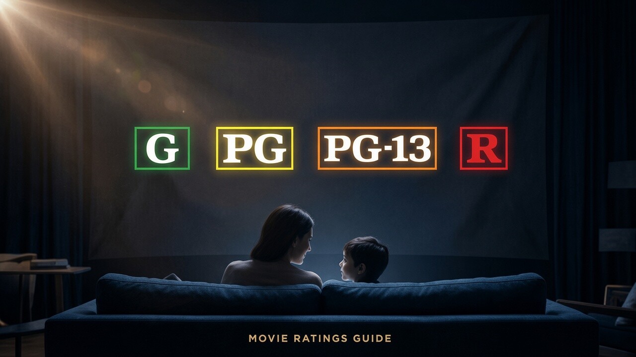 Parent and child watching movie rating badges on a home screen