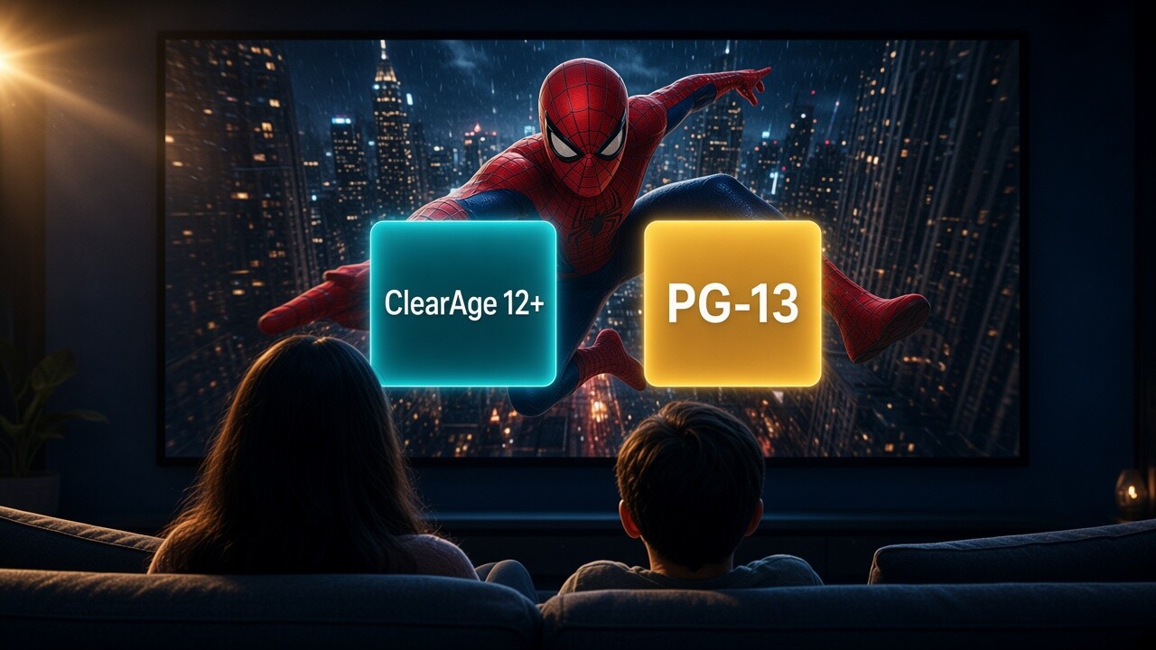 Parent and child watching ClearAge 12+ and PG-13 badges on a home screen