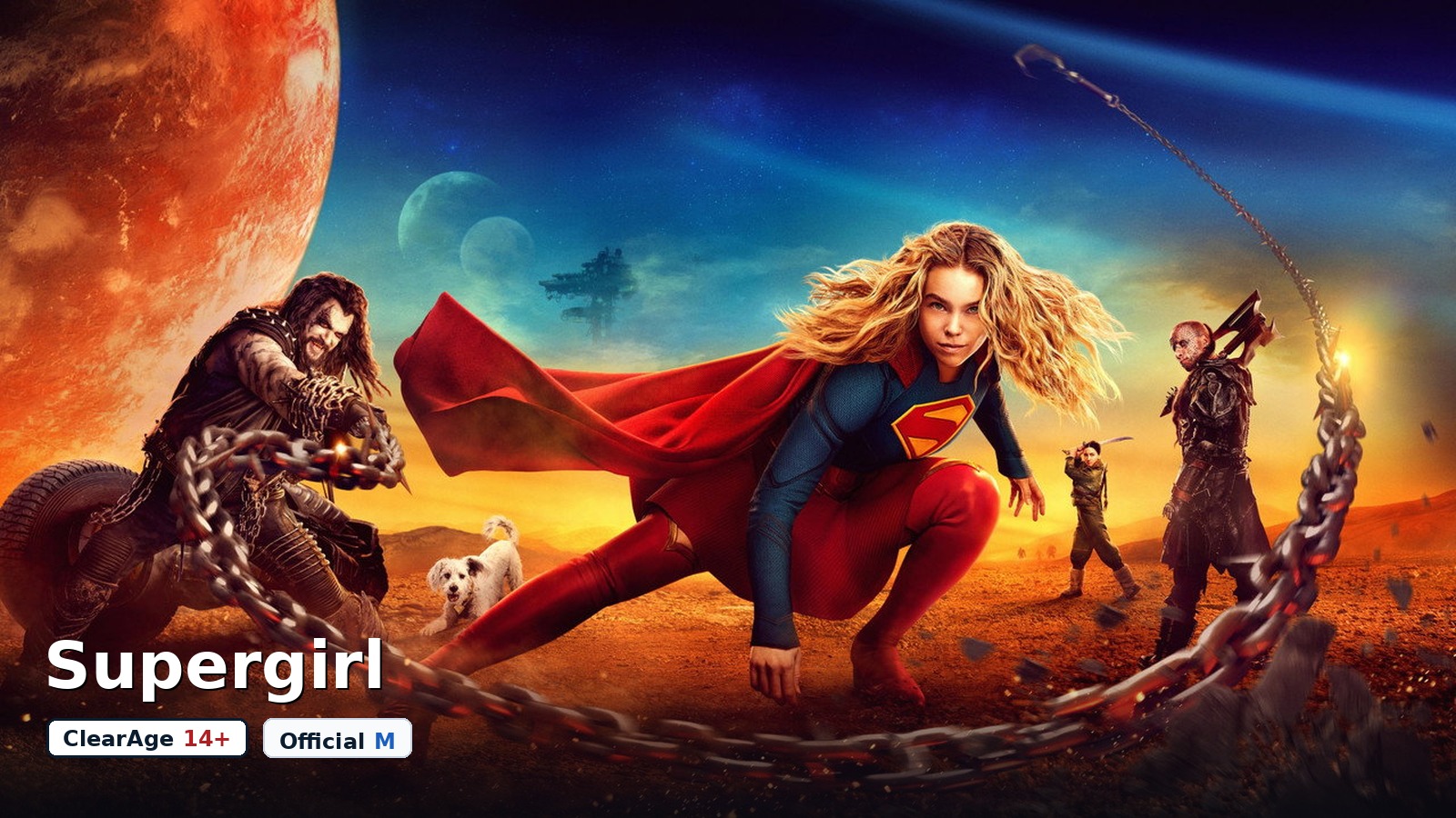 Supergirl film still with ClearAge 14+ and Official M rating pills