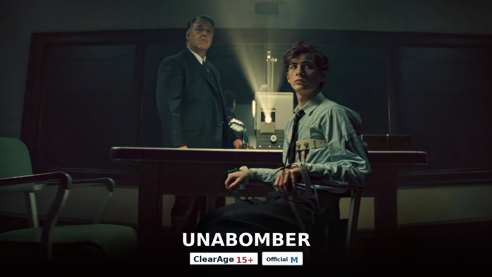 UNABOMBER film still with ClearAge 15+ and Official M rating pills