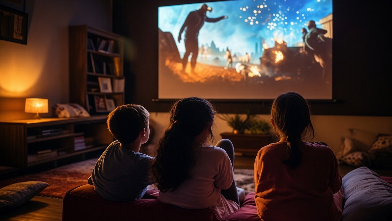 Three kids watching a movie together at home